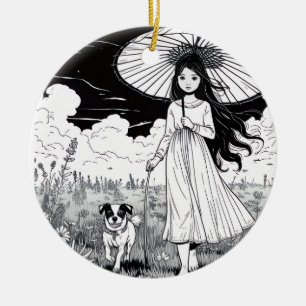 Garden Stroll Girl and Dog  Ceramic Tree Decoration