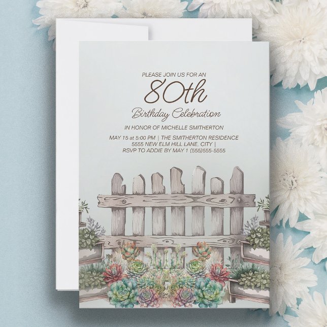 Garden Succulents Gate Botanical 80th Birthday Invitation (Garden and succulents 80th birthday party invitation for women)