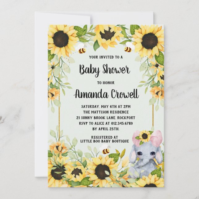 Garden Sunflowers Elephant Girl Baby Shower Invitation (Front)