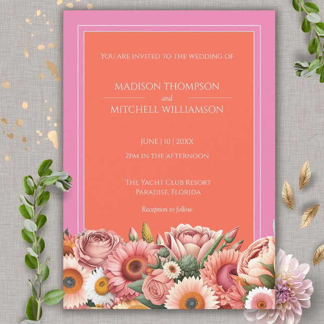 Garden Sunrise Pink Orange Modern Floral Wedding  Invitation (Creator Uploaded)