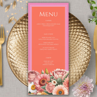 Garden Sunrise Pink Orange Modern Floral Wedding  Menu