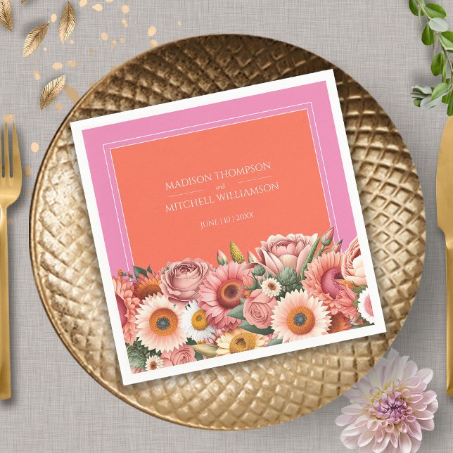 Garden Sunrise Pink Orange Modern Floral Wedding  Napkin (Creator Uploaded)