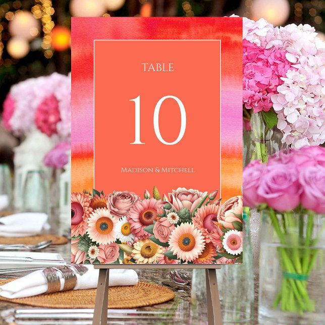 Garden Sunrise Pink Orange Watercolor Flowers Table Number (Creator Uploaded)