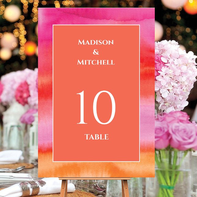 Garden Sunrise Pink Orange Watercolor Wedding Table Number (Creator Uploaded)