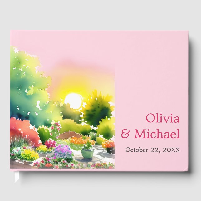 Garden Sunrise Watercolor Floral Colourful Wedding Guest Book (Front)
