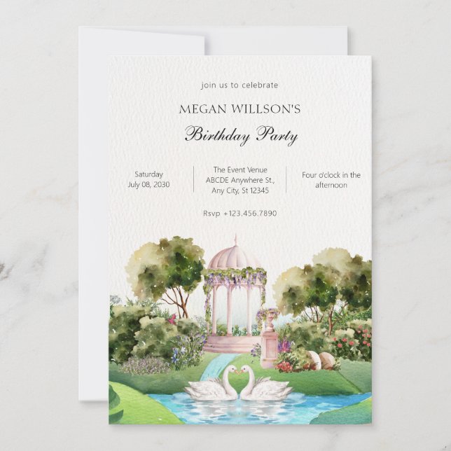 Garden swan minimalist elegant birthday invitation (Front)