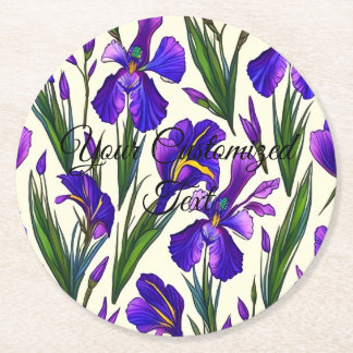 Garden Symphony: Iris Floral Pattern Round Paper Coaster