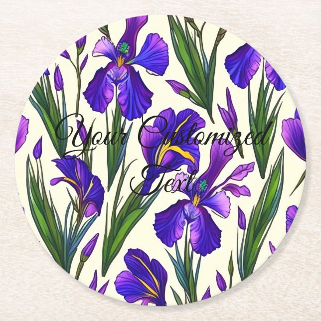 Garden Symphony: Iris Floral Pattern Round Paper Coaster (Front)