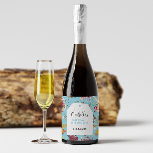 Garden Tea Party Blue Floral Pattern Bridal Shower Sparkling Wine Label