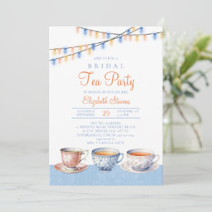 Garden Tea Party Blue Peach Lights Bridal Shower Invitation