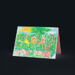 Garden Tea Party Girlfriends Happy Birthday Card<br><div class="desc">A cheerful happy birthday greeting card decorated with three friends having tea in the blooming flower garden with a happy dog and bright sunshine in the sky illustrated with ink and watercolor.</div>