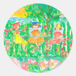 Garden Tea Party Girls Watercolor Flowers Classic Round Sticker