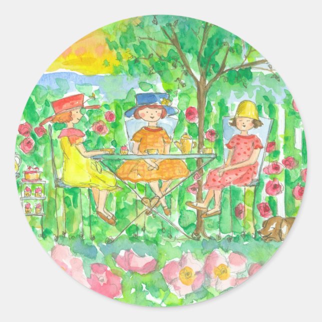 Garden Tea Party Girls Watercolor Flowers Classic Round Sticker (Front)