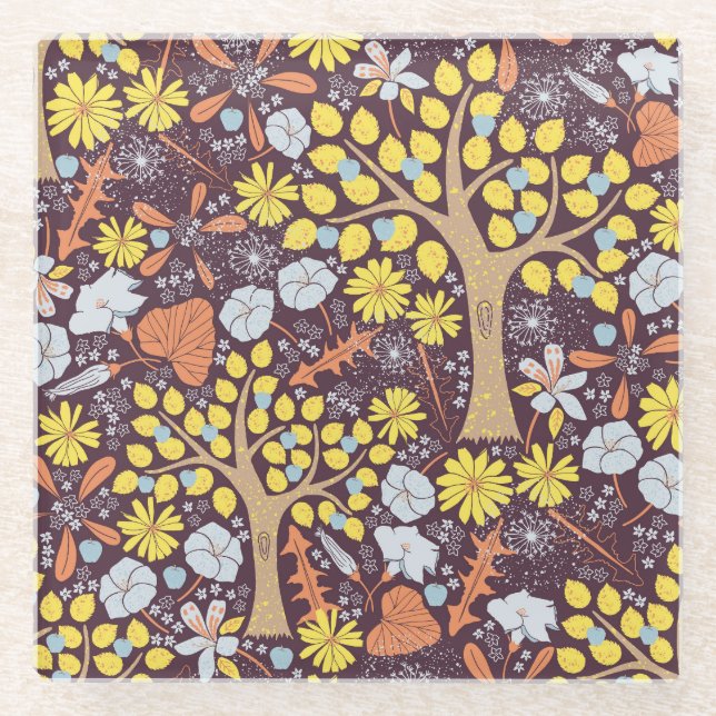 Garden trees, floral, apple pattern glass coaster (Front)