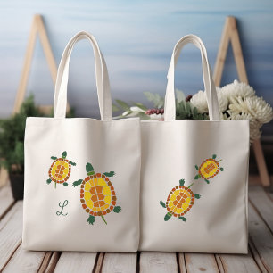 Garden Turtles Hand Drawn Personal Initial Tote Bag
