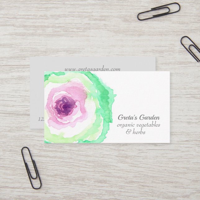 Garden Vegetables Cabbage Herbs Watercolor Business Card (Front/Back In Situ)