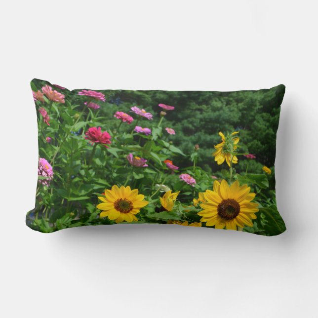 Garden view, daisies, cosmos, Sunflowers Lumbar Cushion (Front)