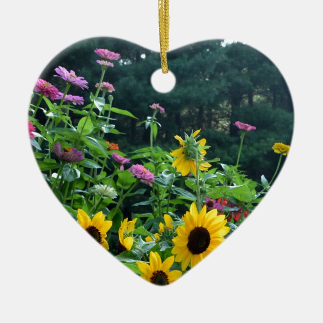 Garden View- sunflower, daisies, cosmos Ceramic Tree Decoration (Front)