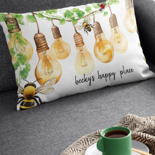 Garden Vine and String Lights with Bee and Ladybug Decorative Cushion