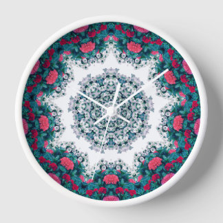 Garden Water Fountain Red Flowers Mandala Design Clock