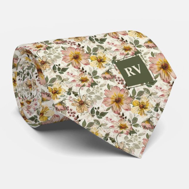 Garden Watercolor Floral Tie (Rolled)