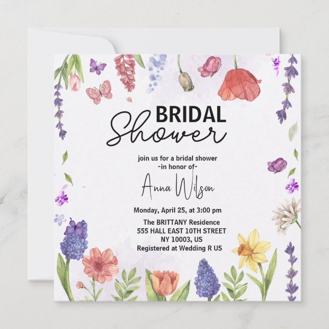 Garden watercolor floral wildflower bridal shower invitation (Front)