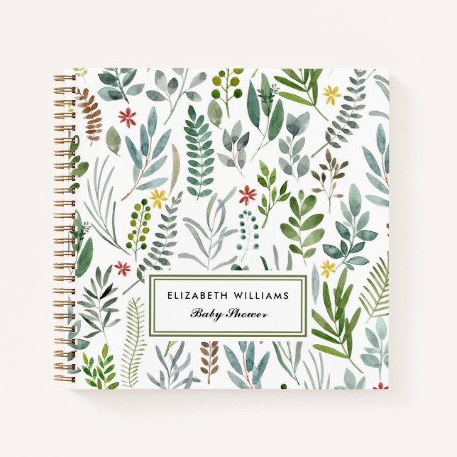 Garden Watercolor Leaves Baby Shower  Notebook (Front)