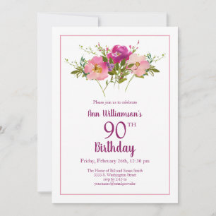Garden Watercolor Pink Floral 90th Birthday Invitation