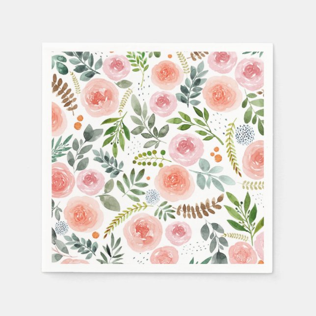 Garden- Watercolor Rose and Leaf Pattern  Napkin (Front)