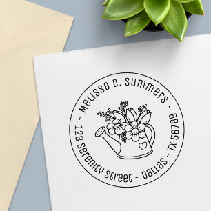 Garden Watering Can Flowers Round Address 4 Self-inking Stamp