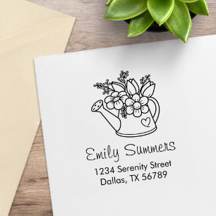 Garden Watering Can with Flowers Address Rubber Stamp
