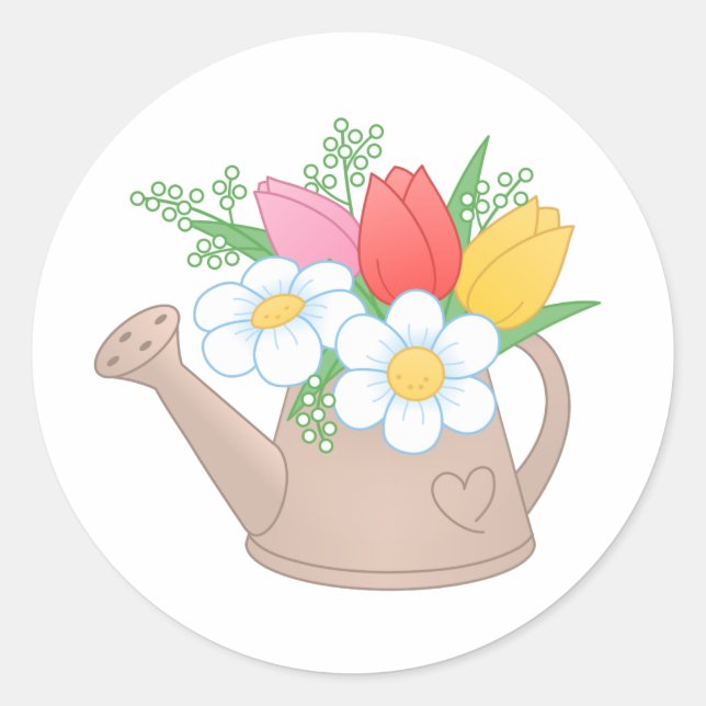 Garden Watering Can with Flowers Classic Round Sticker (Front)