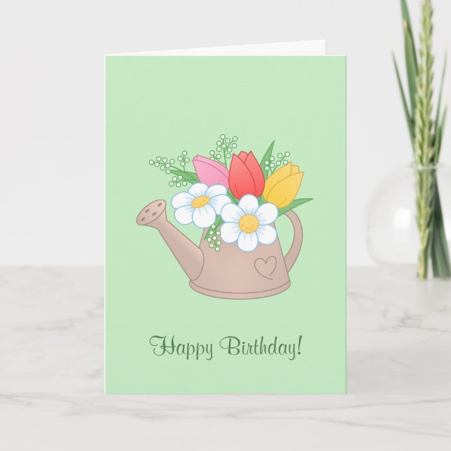 Garden Watering Can with Flowers - Happy Birthday Card (Front)