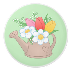Garden Watering Can with Flowers on Green Ceramic Knob
