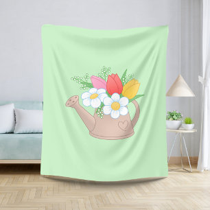 Garden Watering Can with Flowers on Green Sherpa Blanket