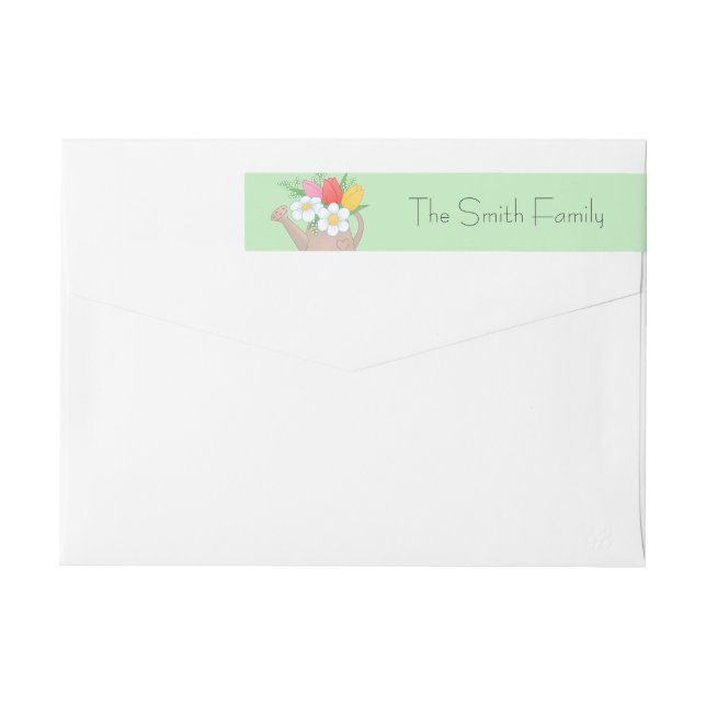 Garden Watering Can with Flowers on Green Wrap Around Label (Back)