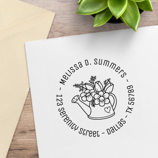 Garden Watering Can with Flowers Round Address Rubber Stamp (Creator Uploaded)