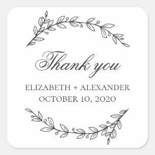 Garden wedding. Black and white botanic thank you Square Sticker