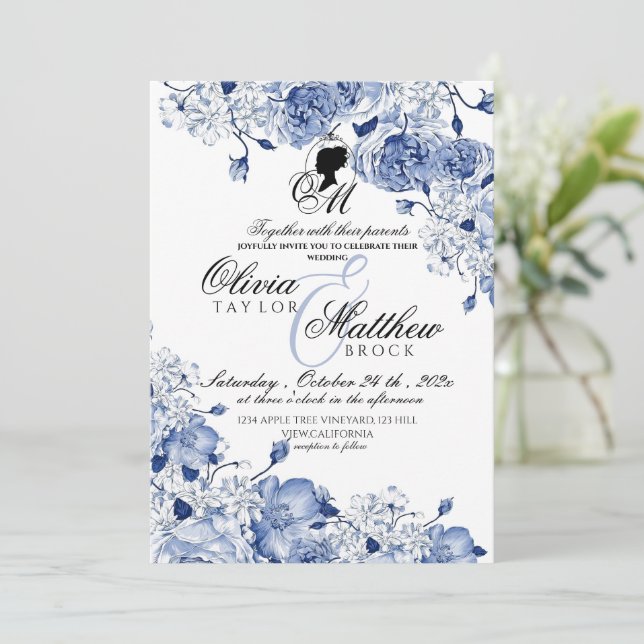 Garden Wedding Flowers Elegant Blue Rose Photo Invitation (Standing Front)