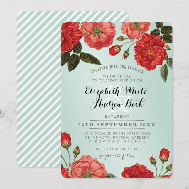 GARDEN WEDDING INVITE red roses floral flower mint (Front/Back)
