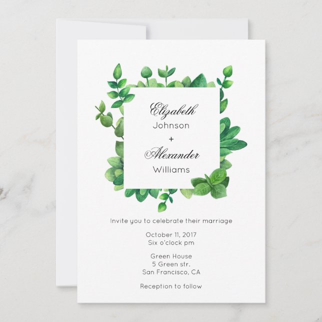 Garden wedding outdoor invitation. Green invite (Front)