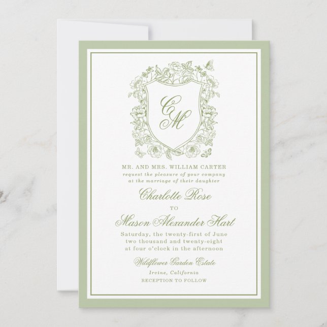 Garden Wedding Sage Green Monogram Crest Invitation (Front)