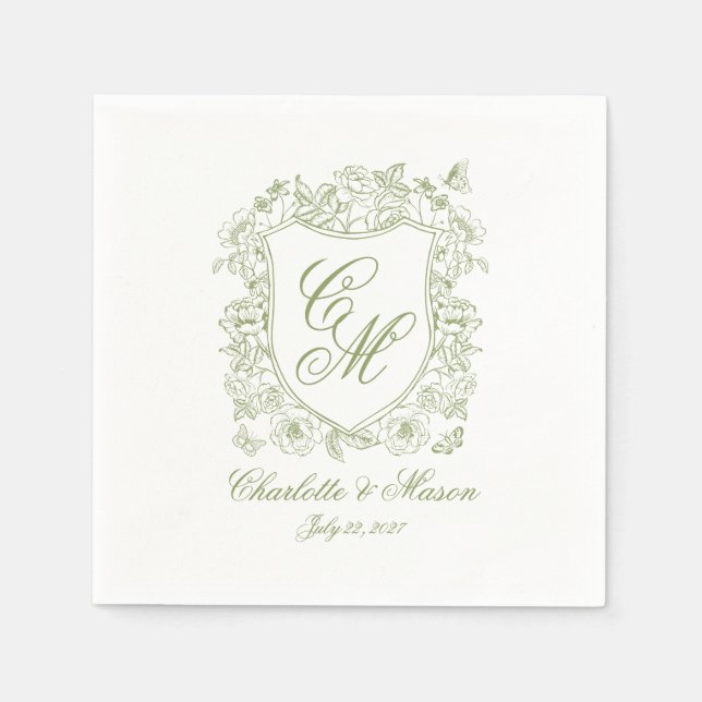 Garden Wedding Sage Green Monogram Crest Napkin (Front)