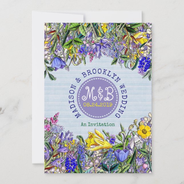 Garden Wedding Wildflowers Monogram Vintage Floral Invitation (Front)