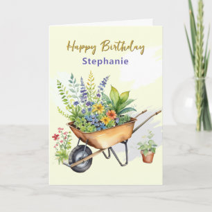 Garden Wheelbarrow Custom Name Happy Birthday Card