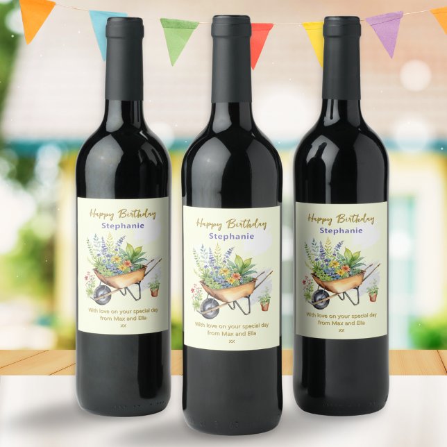 Garden Wheelbarrow Happy Birthday Personalised Wine Label (Personalized wine bottle labels for garden lovers, with wheelbarrow of flowers in a watercolor style)
