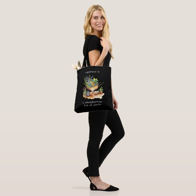 Garden Wheelbarrow of Plants Happiness Quote Black Tote Bag (On Model)