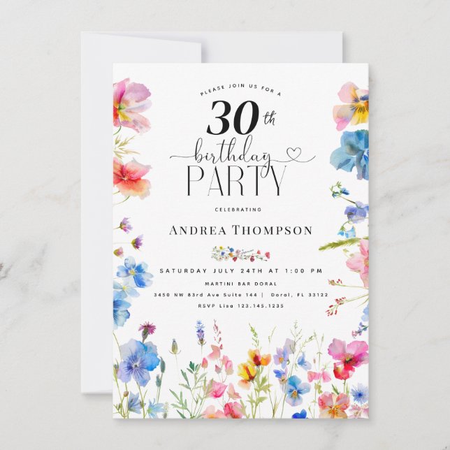 Garden Wildflower 30th birthday invitations (Front)
