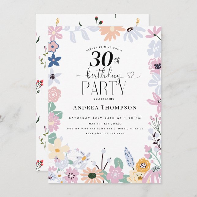 Garden Wildflower 30th birthday invitations (Front/Back)