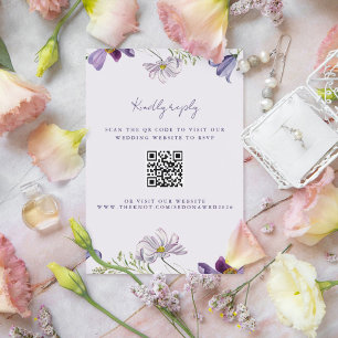 Garden Wildflower Purple Wedding QR Code RSVP Enclosure Card